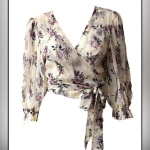 LoveShackFancy Domino Floral Wrap Blouse - Cream and Pink